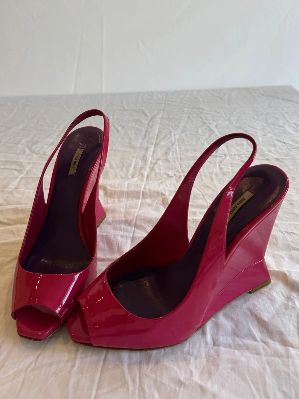 Miu Miu Hot Pink Patent Leather Slingback Wedges